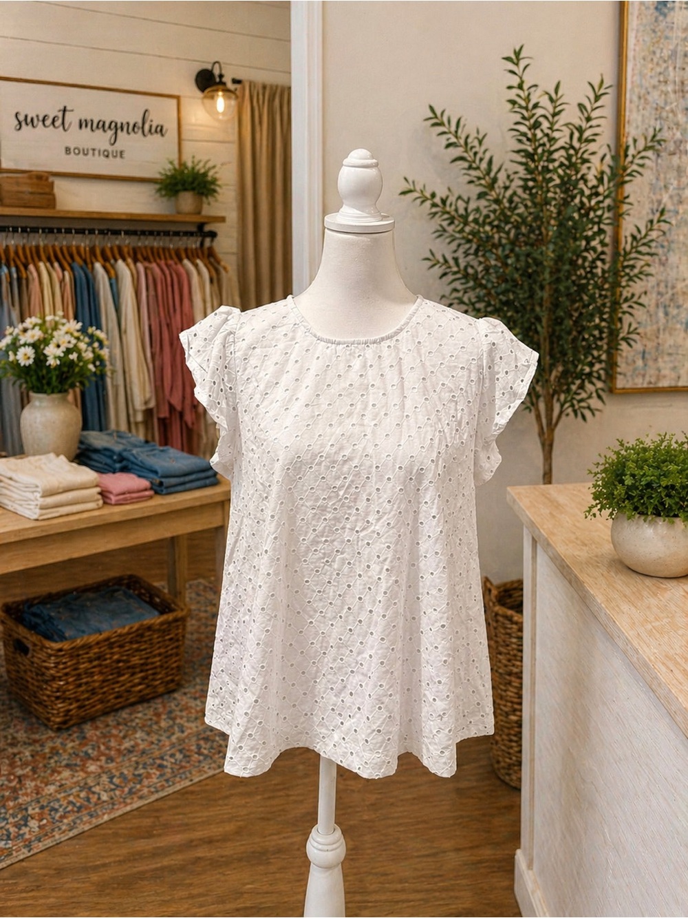 White Birch White Eyelet Flutter Sleeve Blouse Size Large NWOT